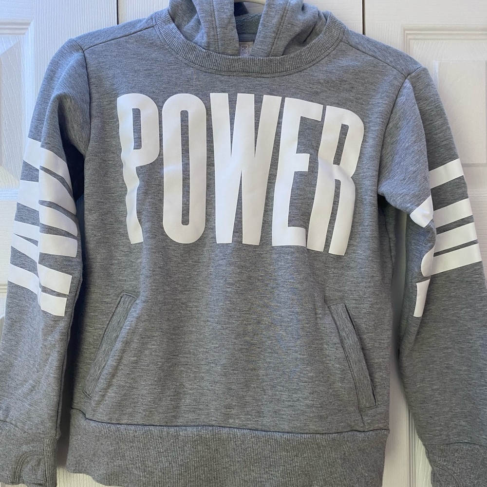 Athleta Girl “I AM POWERFUL” gray hooded sweatshirt w/thumb holes. Size L/12
